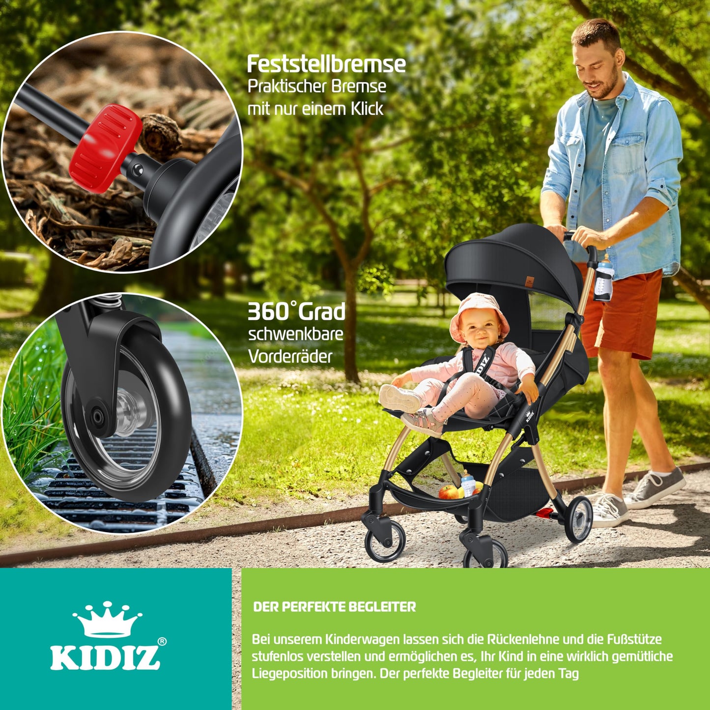 KIDIZ Silla de Paseo Premium, Plegable, con Ruedas 360° y Respaldo Ajustable, Incluye Protector de Lluvia, Champán